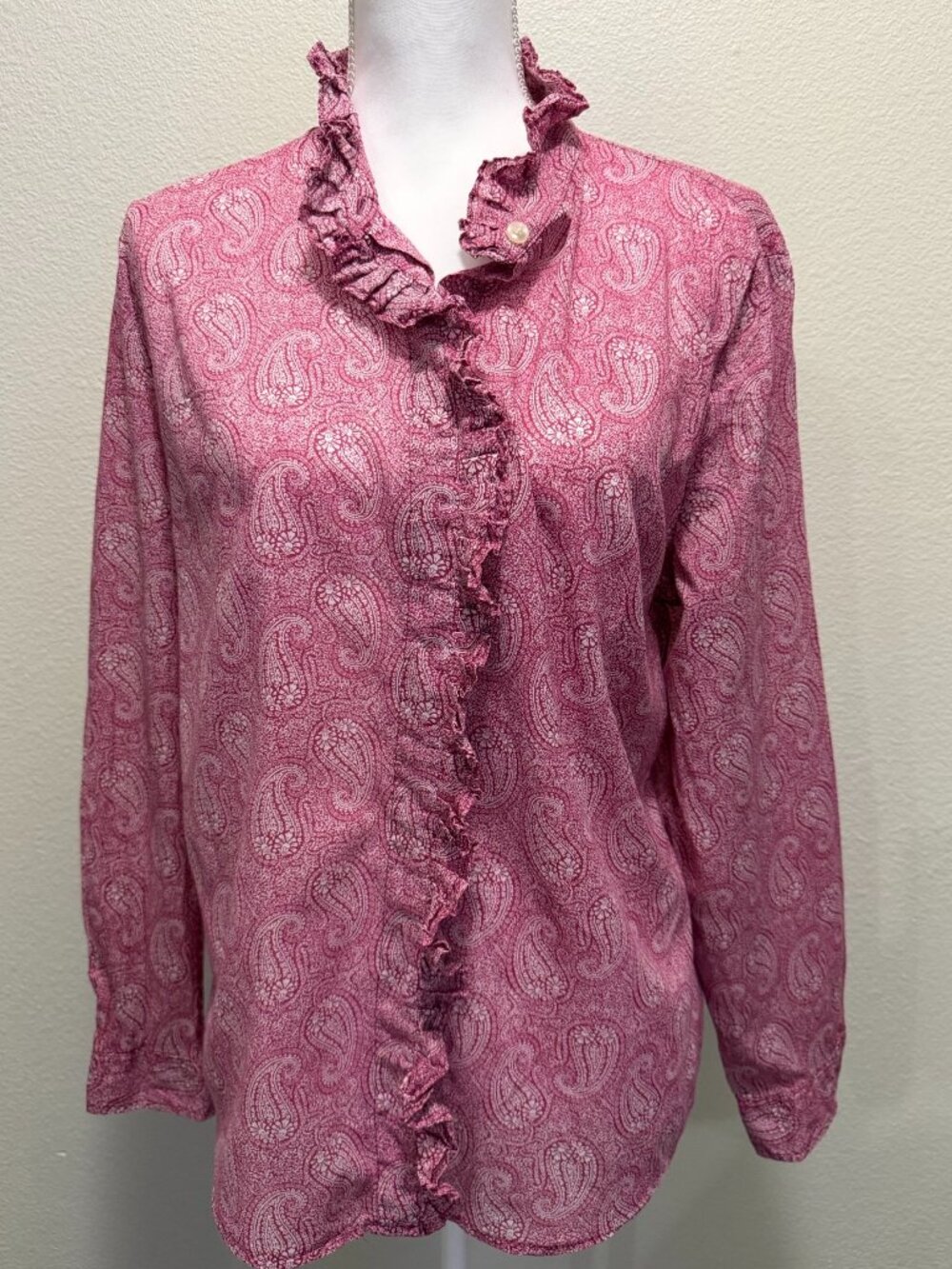 New York & Co pink and white paisley button down blouse with ruffles, size XL